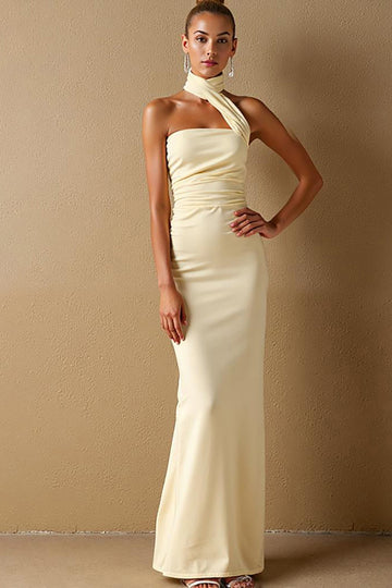 Robe de soirée longue dos nu en satin satiné jonquille